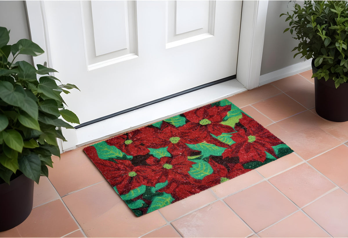18'' X 30'' Red and Green Coir Poinsettia Outdoor Christmas Door Mat