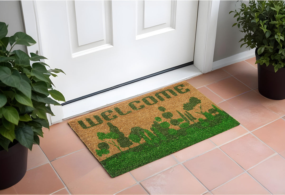 18'' X 30'' Beige and Green Coir Trees Welcome Outdoor Door Mat