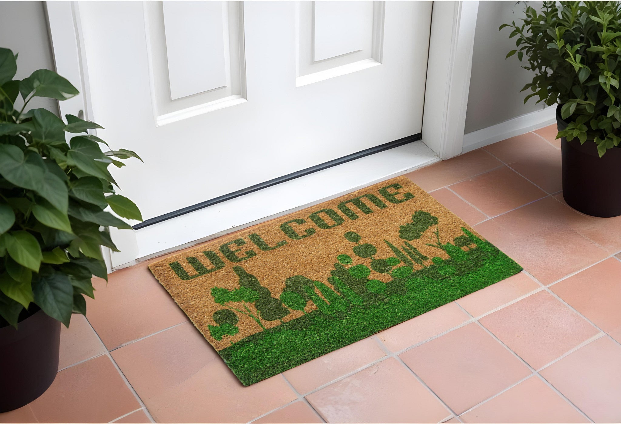 18'' X 30'' Beige and Green Coir Trees Welcome Outdoor Door Mat
