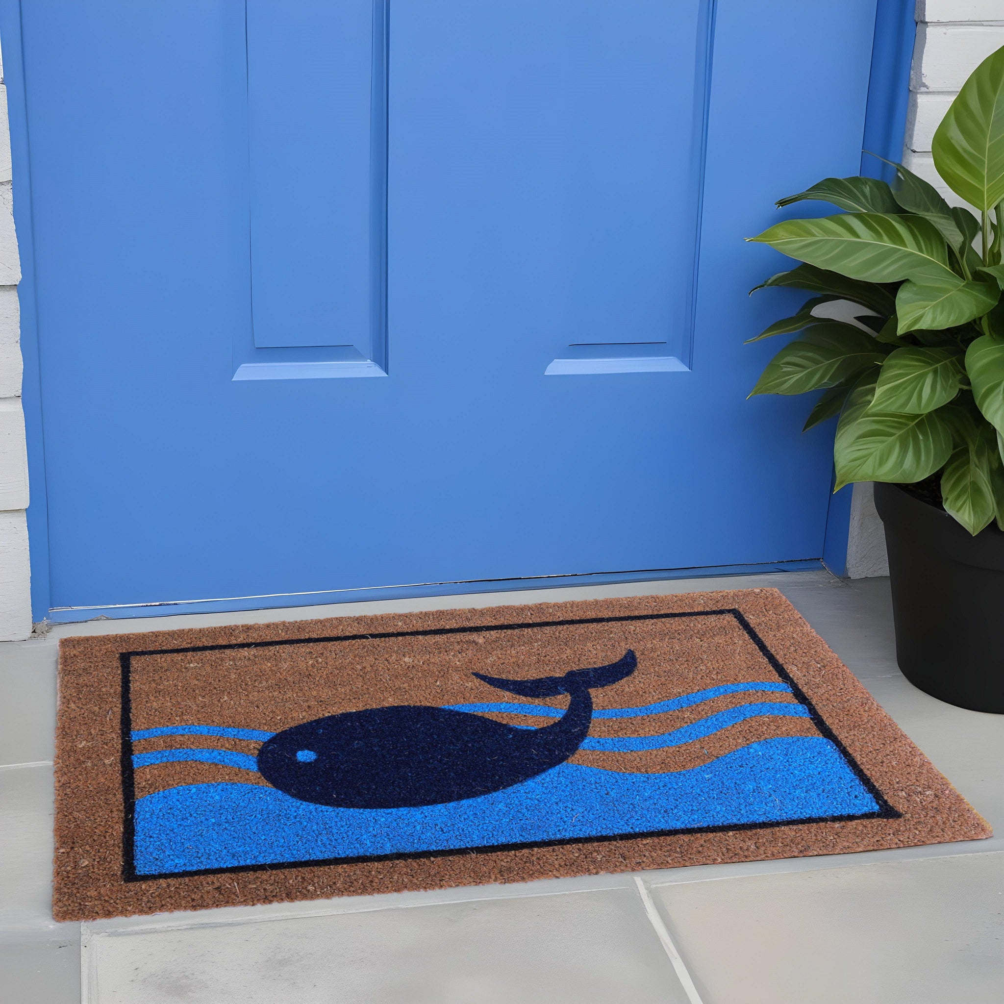 18'' X 30'' Brown Blue And Red Coir Whale Outdoor Door Mat