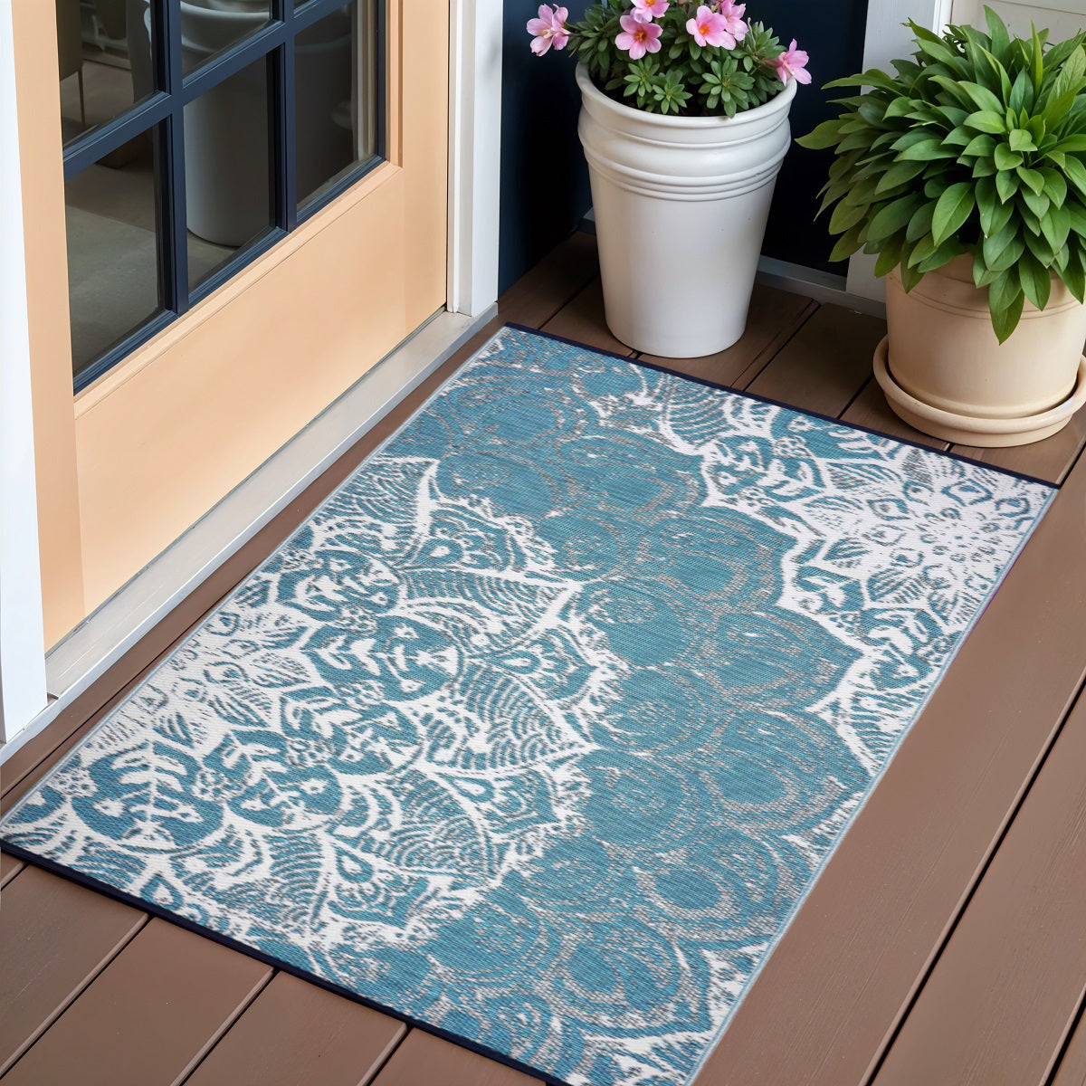 3' X 5' Teal Blue Floral Indoor Outdoor Area Rug