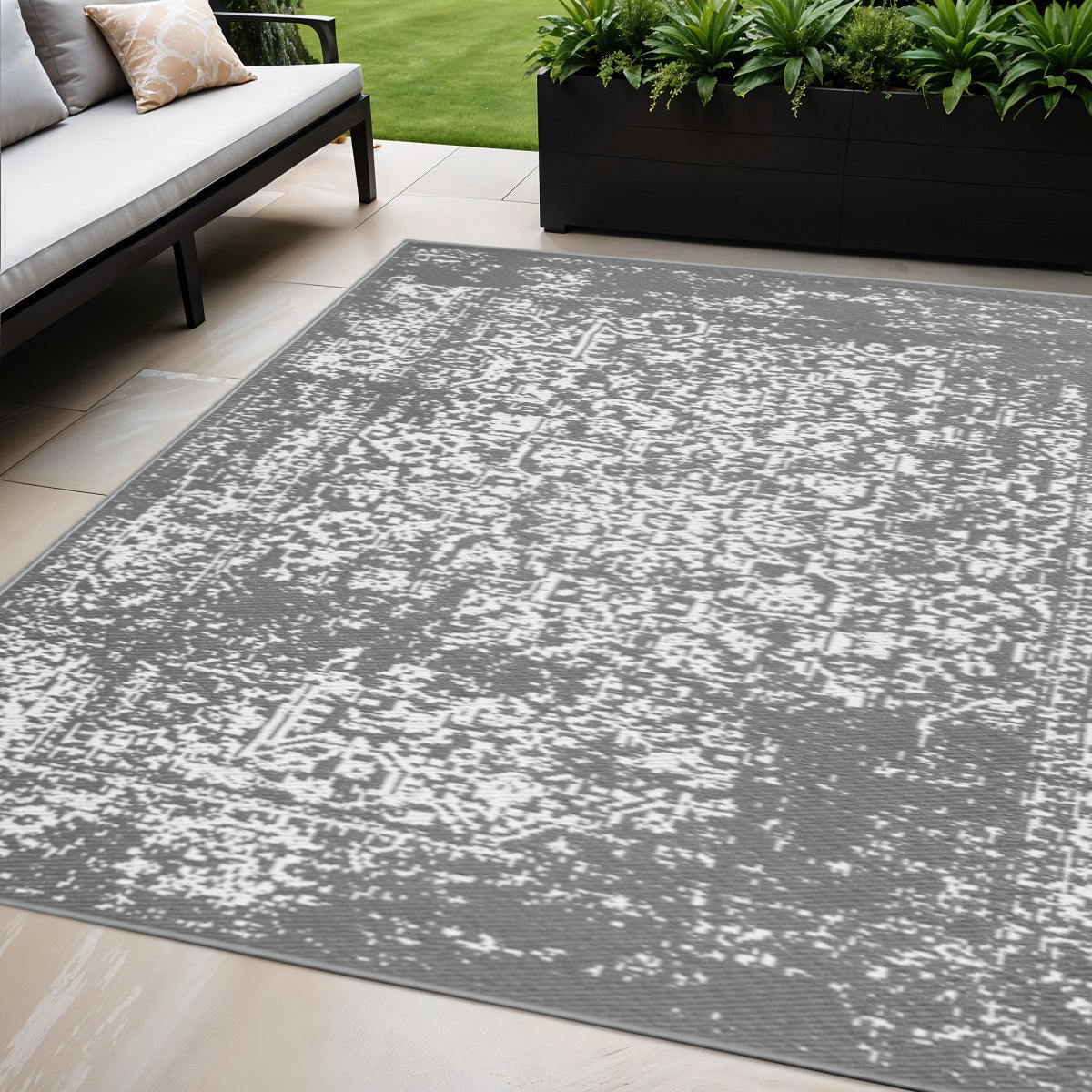 5' X 8' Gray Machine Braided Distressed Area Rug With UV Protection