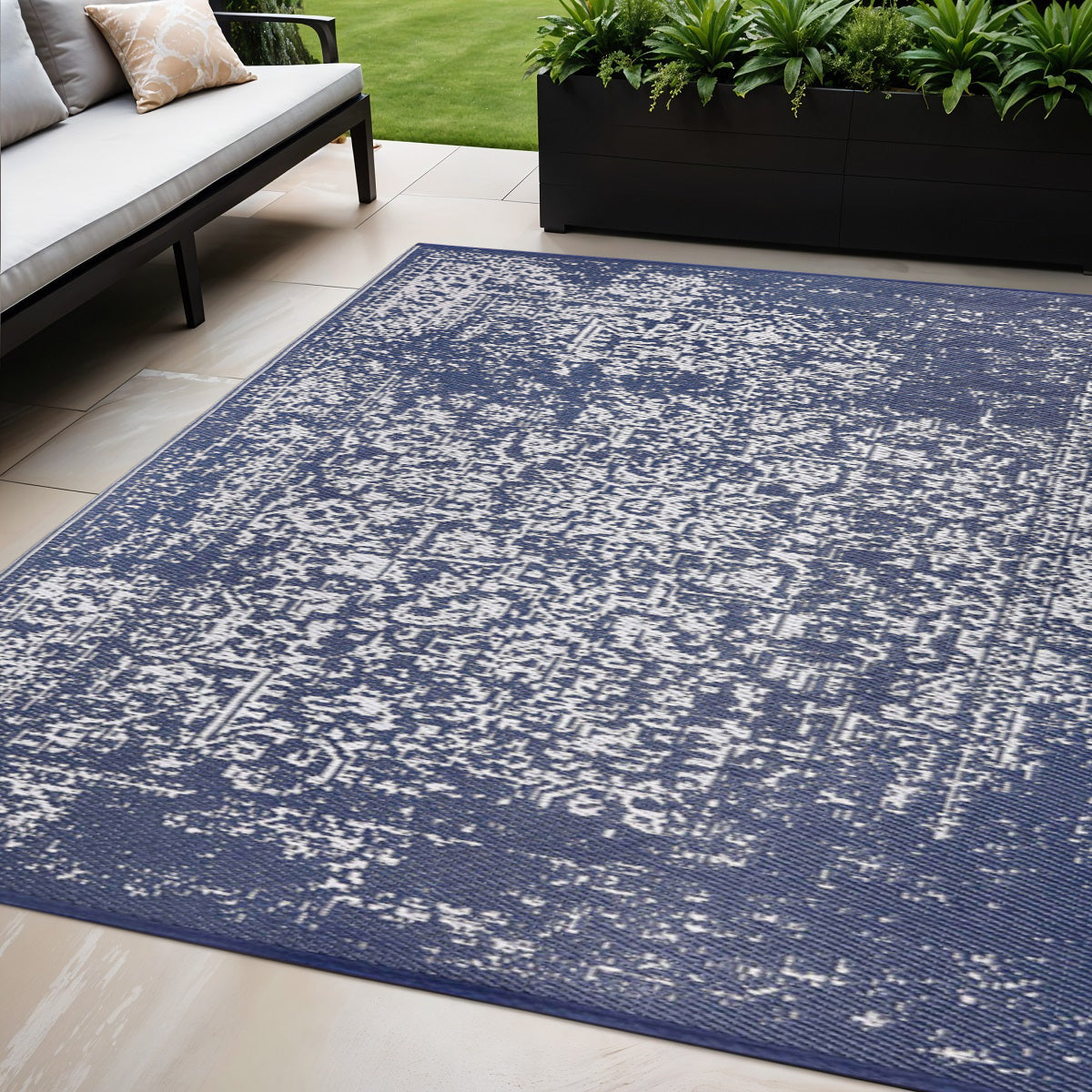 5' X 8' Navy Blue Machine Braided Distressed Area Rug With UV Protection
