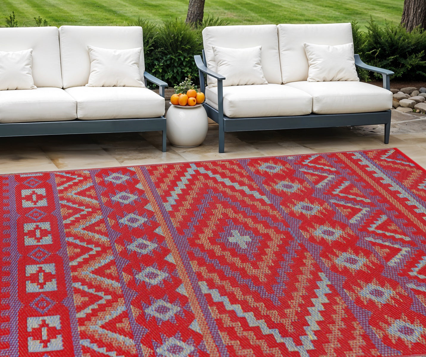 9' X 12' Red Geometric Machine Braided Distressed Area Rug With UV Protection
