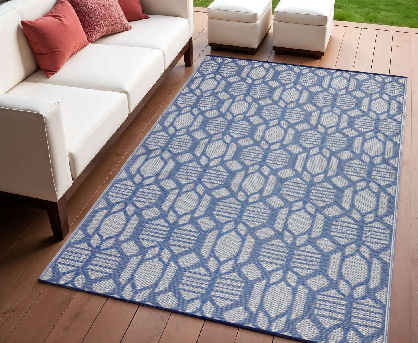 4' X 6' Blue Geometric Machine Braided Distressed Area Rug With UV Protection