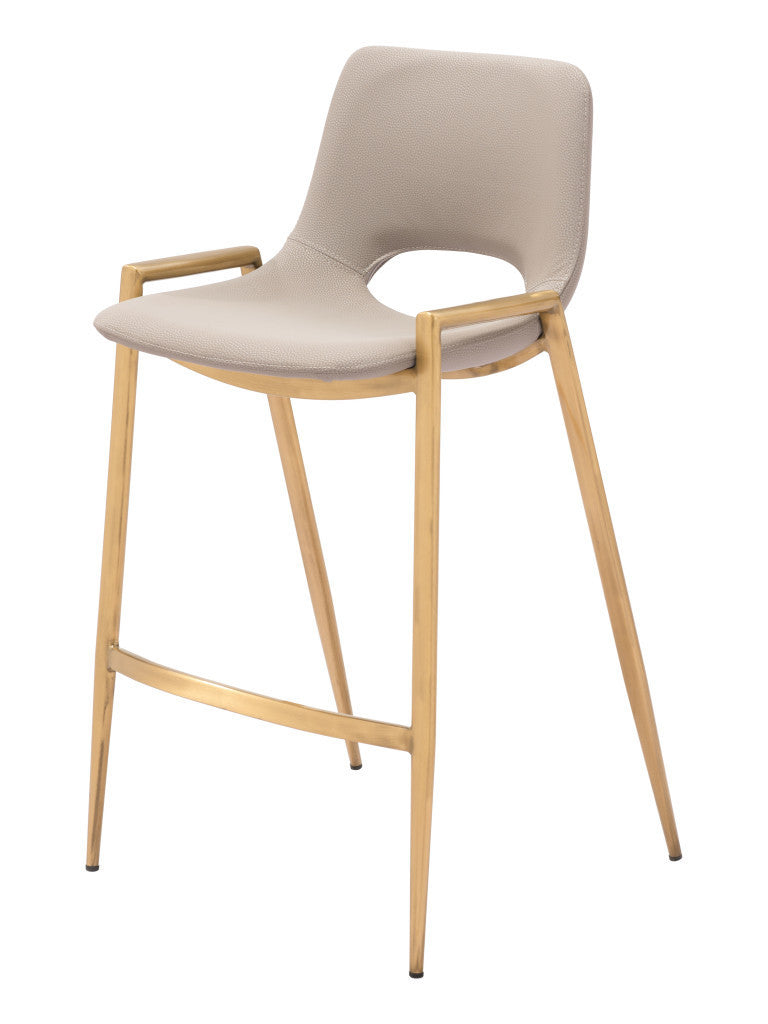 Set of Two 26'' Beige And Gold Faux Leather And Steel Low Back Counter Height Bar Chairs