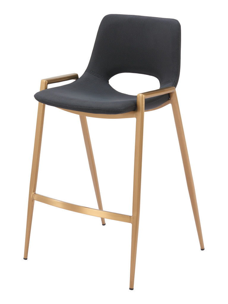 Set of Two 26'' Black And Gold Faux Leather And Steel Low Back Counter Height Bar Chairs