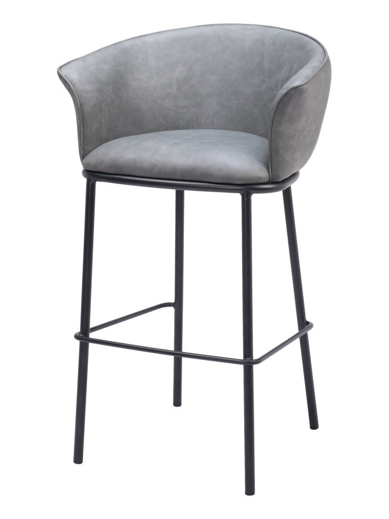 30'' Gray And Black Faux Leather And Steel Bar Height Bar Chair