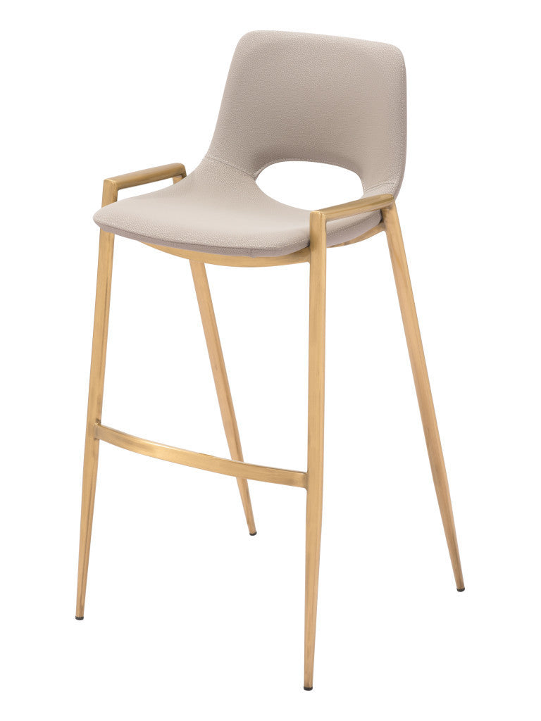 Set of Two 30'' Beige And Gold Faux Leather And Steel Low Back Bar Height Bar Chairs