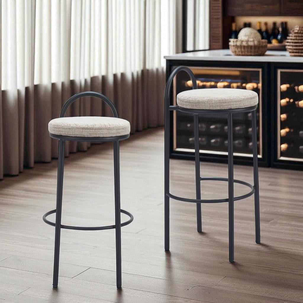 Set of Two 30 Beige and Black Chenille and Steel Low Back Bar Height Bar Chairs