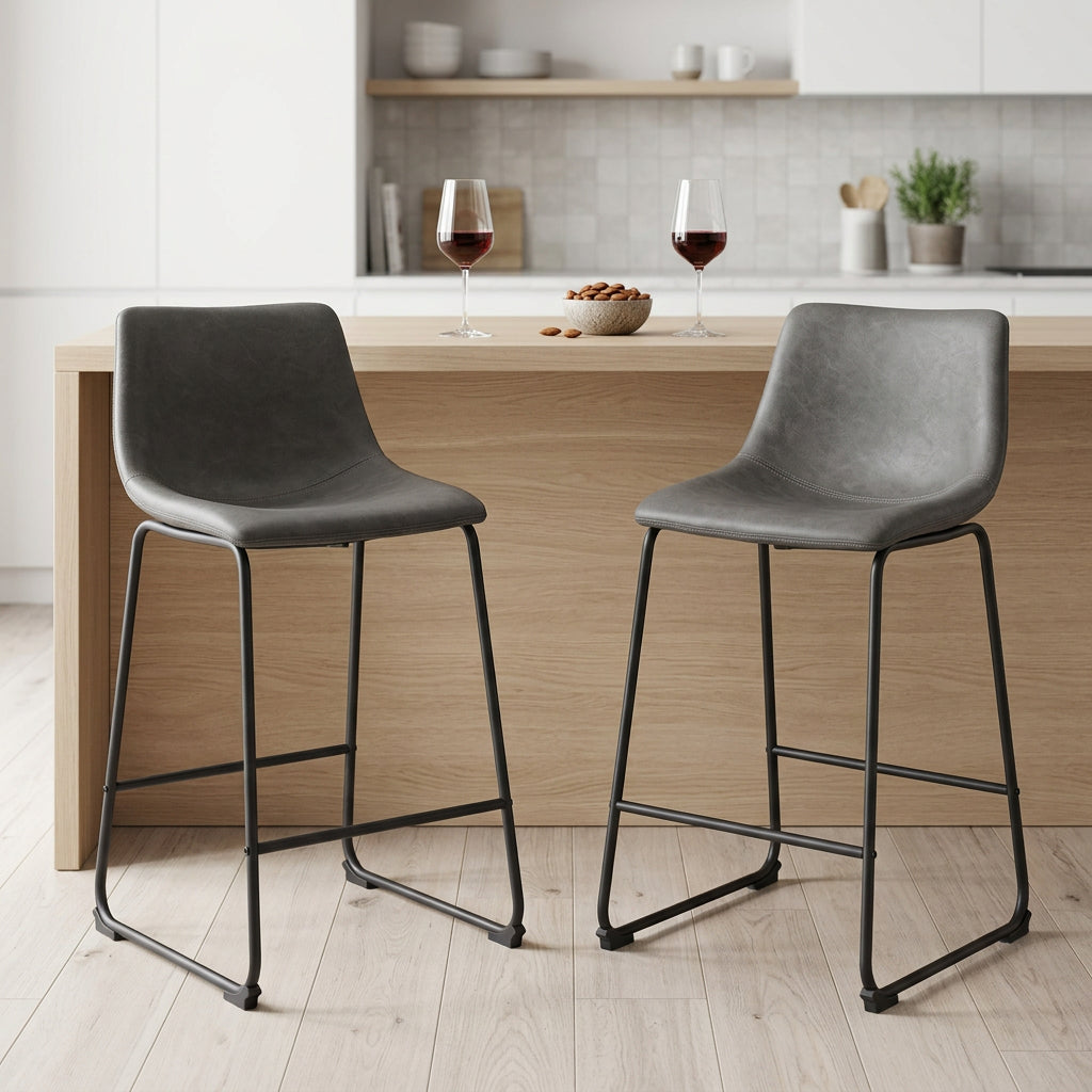 Set of Two 24 Charcoal and Black Faux Leather and Steel Counter Height Bar Chairs