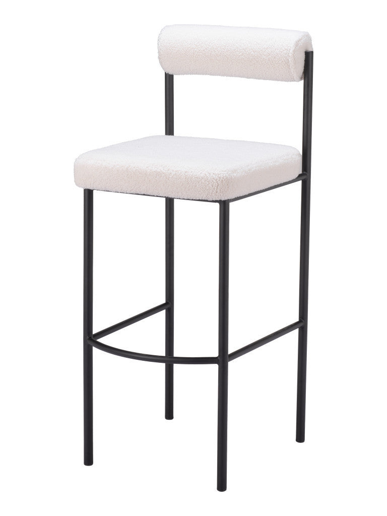 Set of Two 30'' Ivory and Black Shearling and Steel Low Back Bar Height Bar Chairs