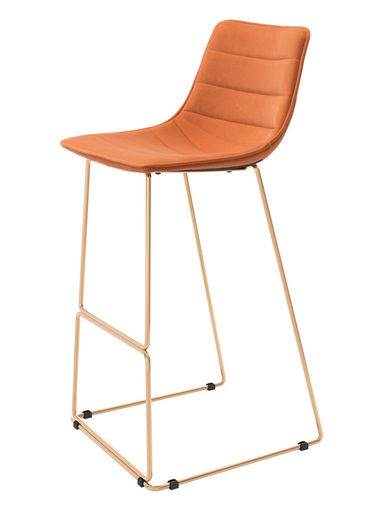 Set of Two 30'' Orange And Gold Velvet And Steel Bar Height Bar Chairs