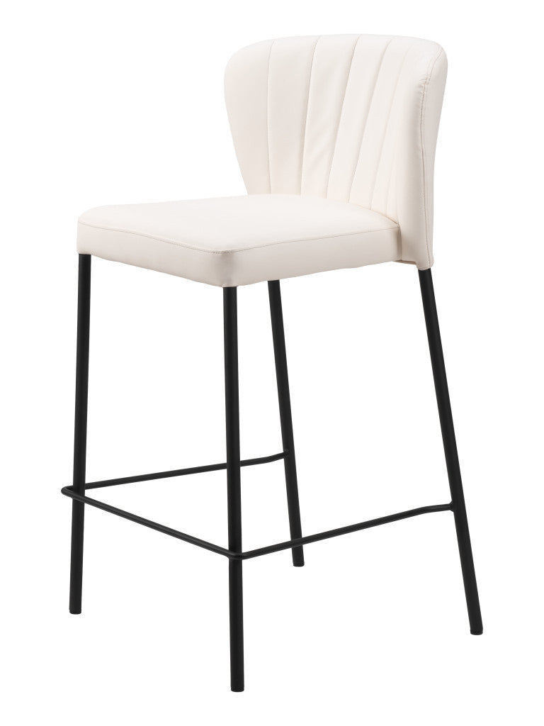 Set of Two 26'' Cream And Black Faux Leather And Steel Counter Height Bar Chairs