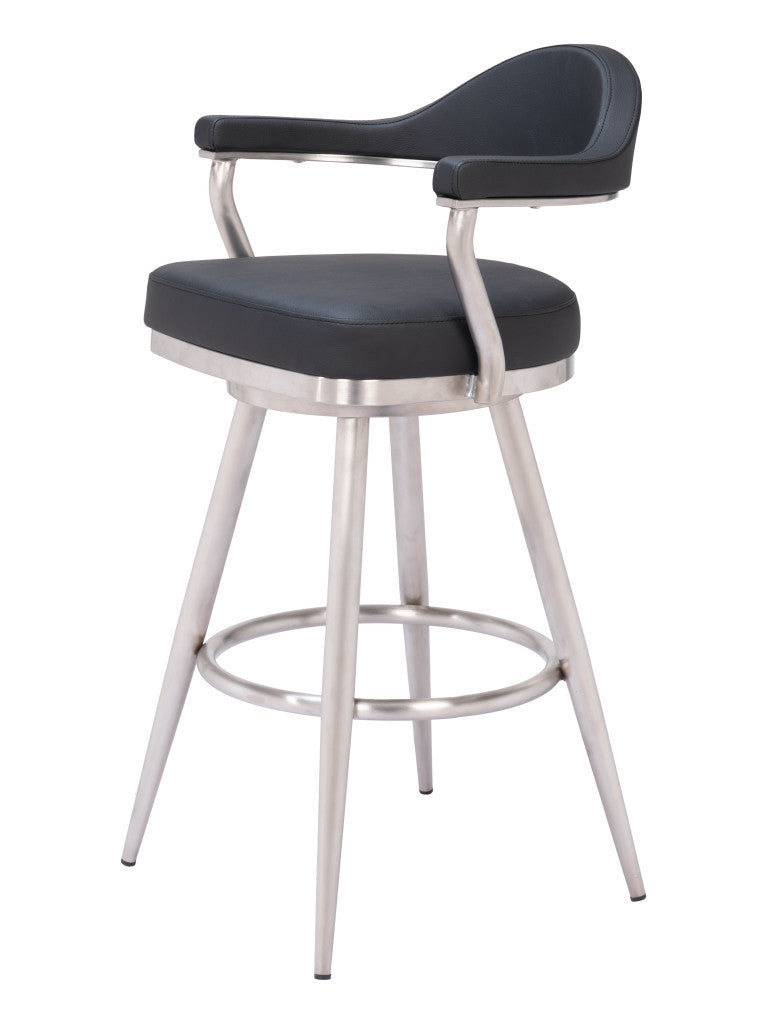 30'' Black And Silver Faux Leather And Stainless Steel Bar Height Swivel Bar Chair