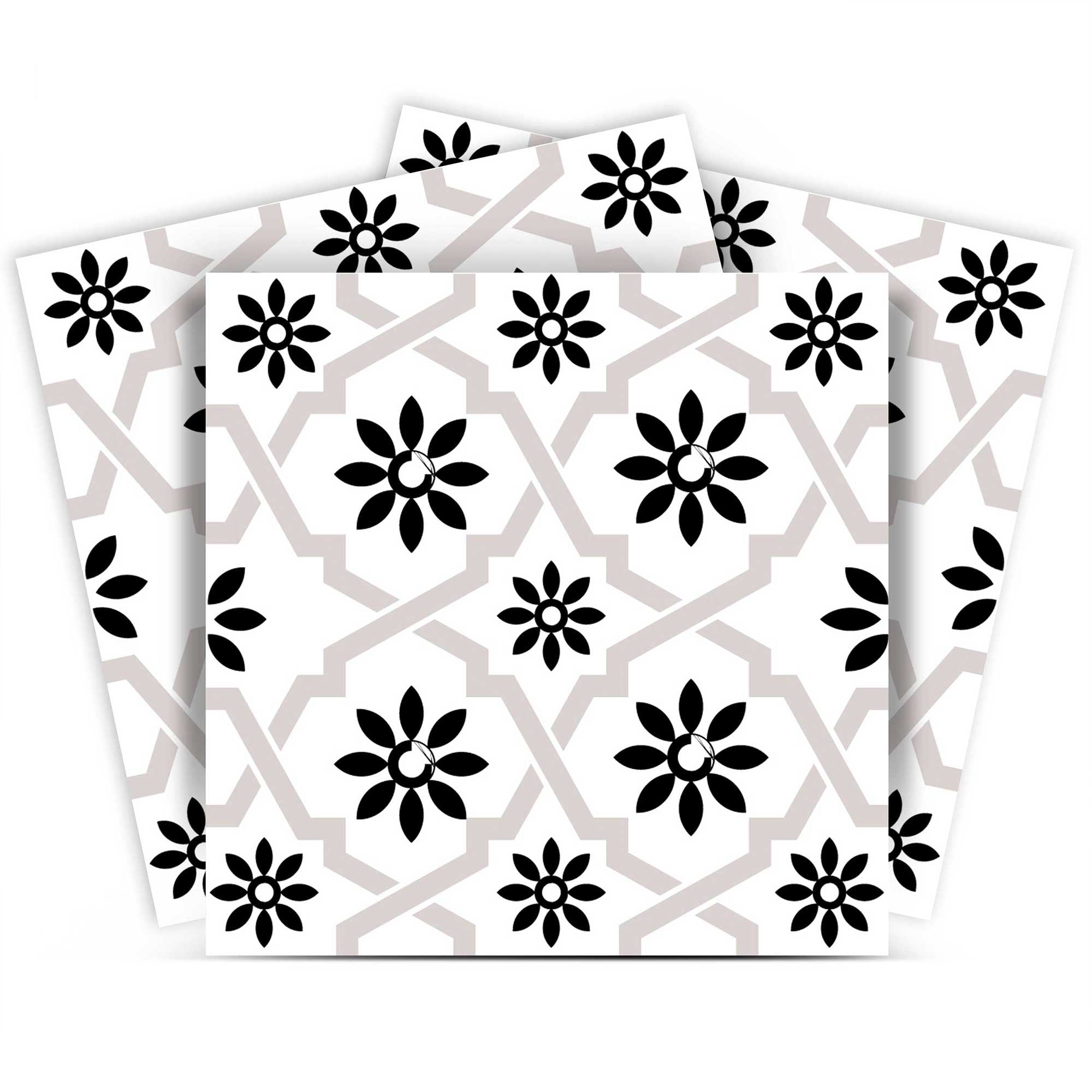 12 X 12 Black and White Lil Daisy Peel and Stick Removable Tiles