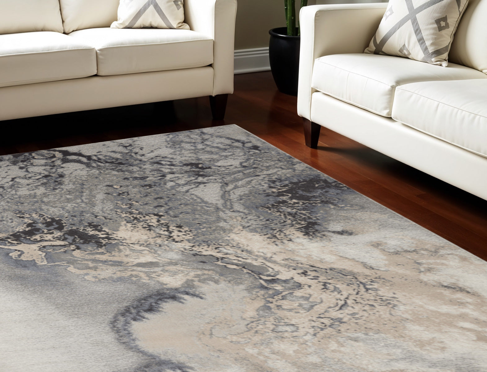 9' X 13' Gray Black and Ivory Abstract Area Rug