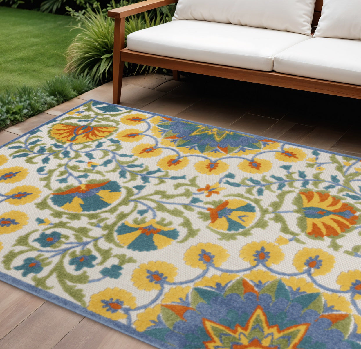 12 X 15 Yellow Red Orange Blue And Green Floral Indoor Outdoor Area Rug