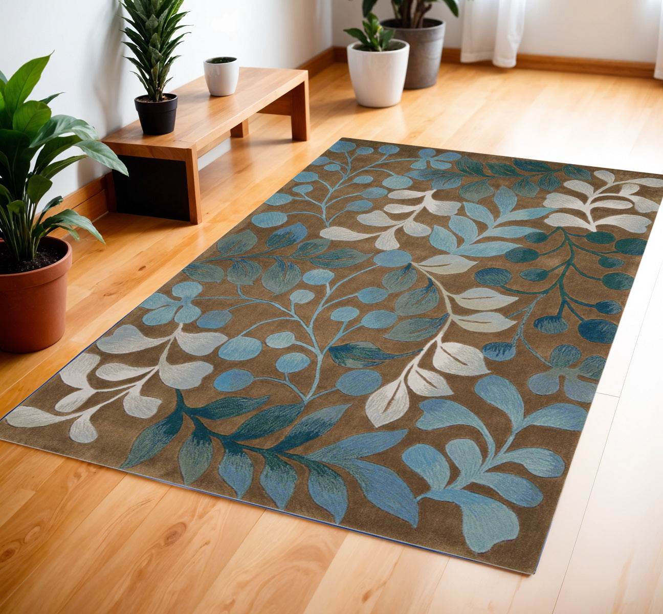 4' X 6' Brown Botanical Leaves Area Rug