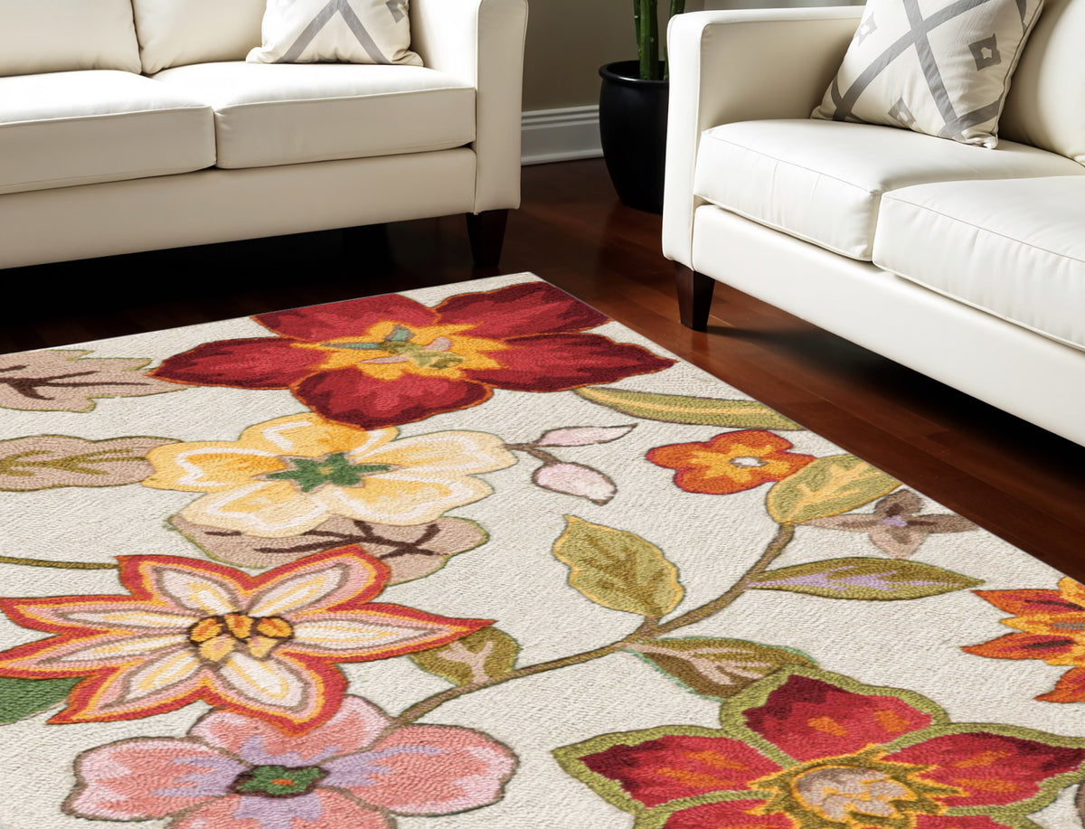 5' X 8' Ivory Tan and Red Floral Area Rug
