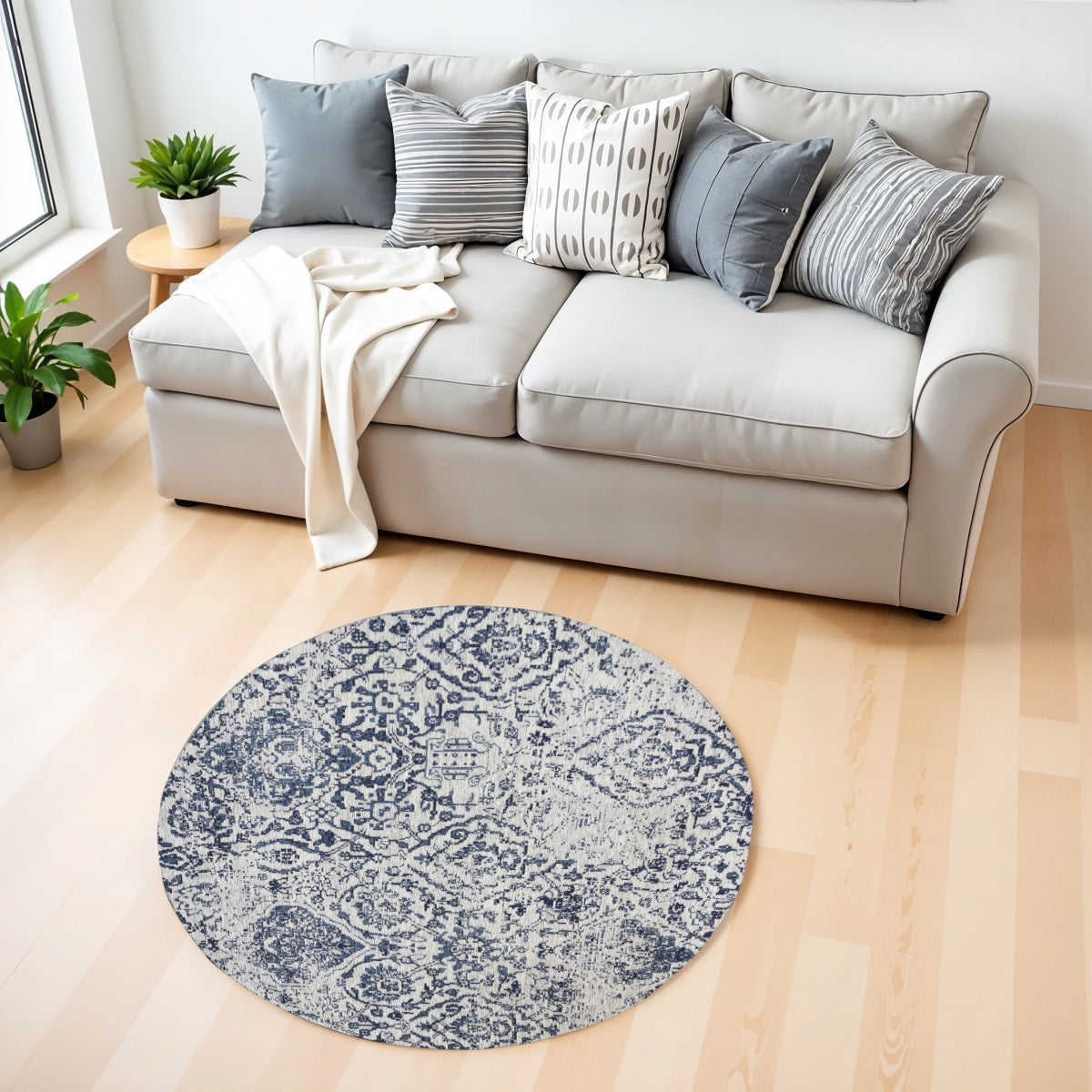 4' Navy Blue and Ivory Damask Distressed Round Rug