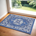 2' X 3' Ivory Navy Blue and Beige Floral Medallion Area Rug