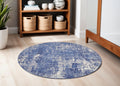 5' Ivory and Blue Abstract Distressed Round Rug
