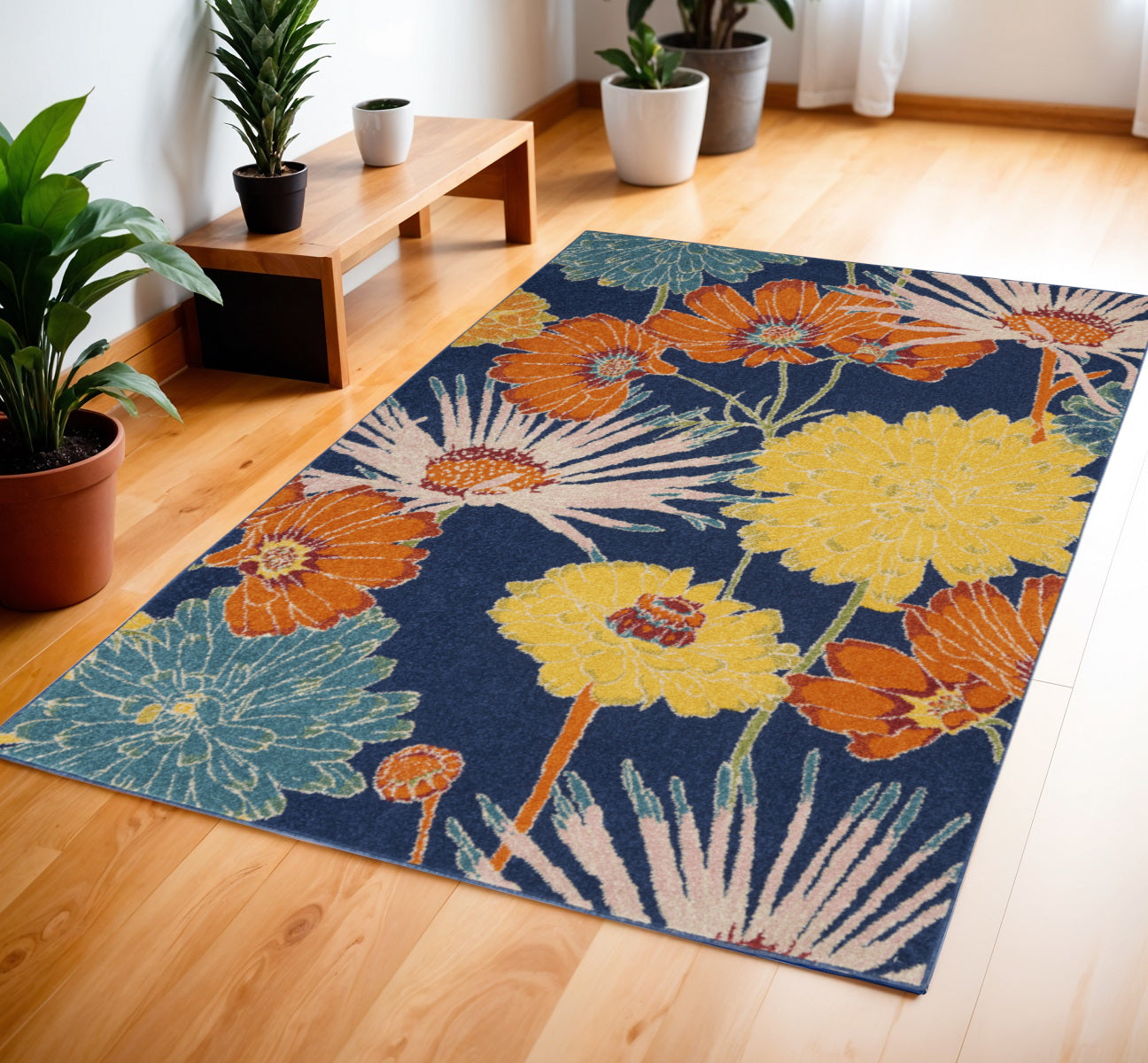 4' X 6' Blue Floral Power Loom Area Rug