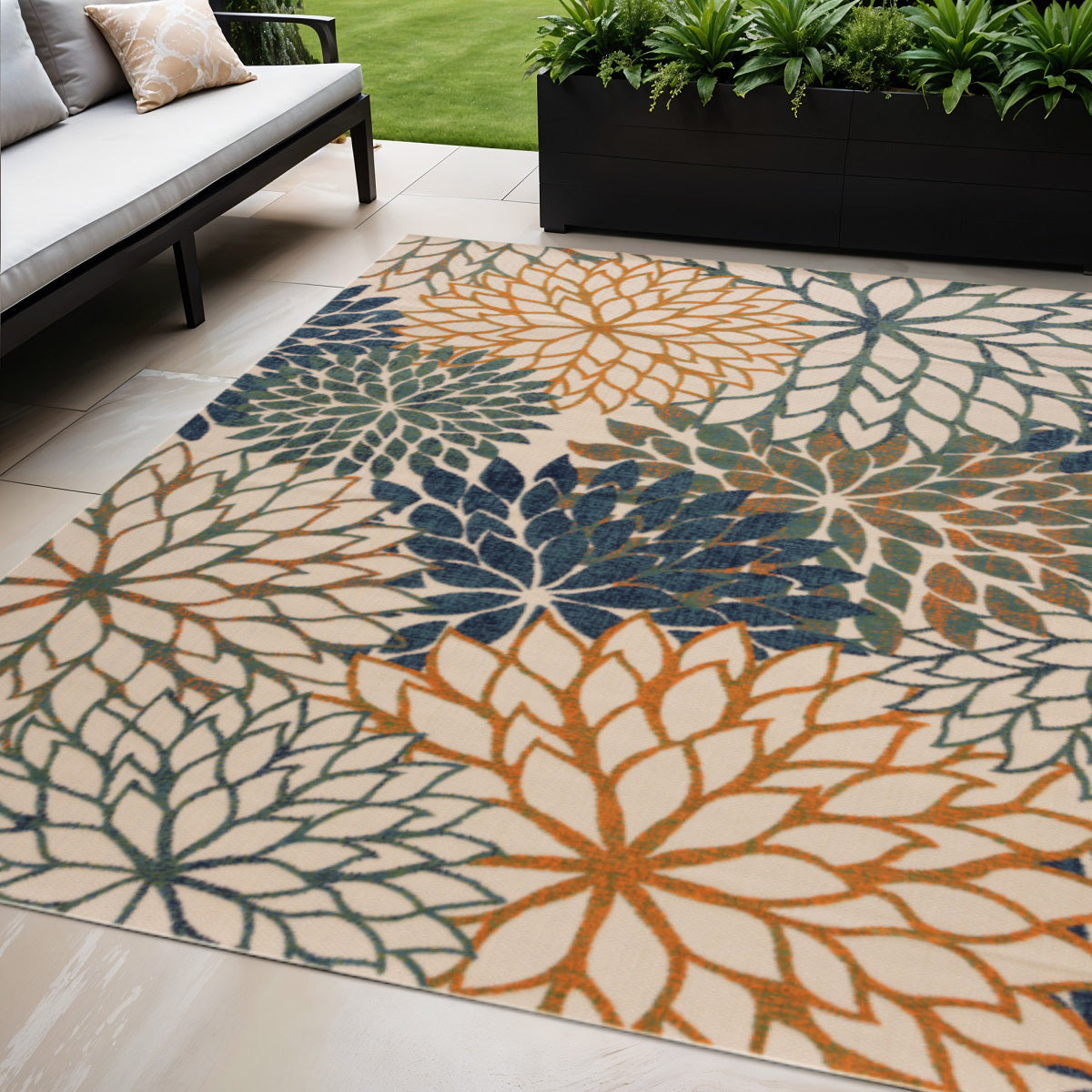 5 X 8 Blue Yellow And Blue Floral Indoor Outdoor Area Rug