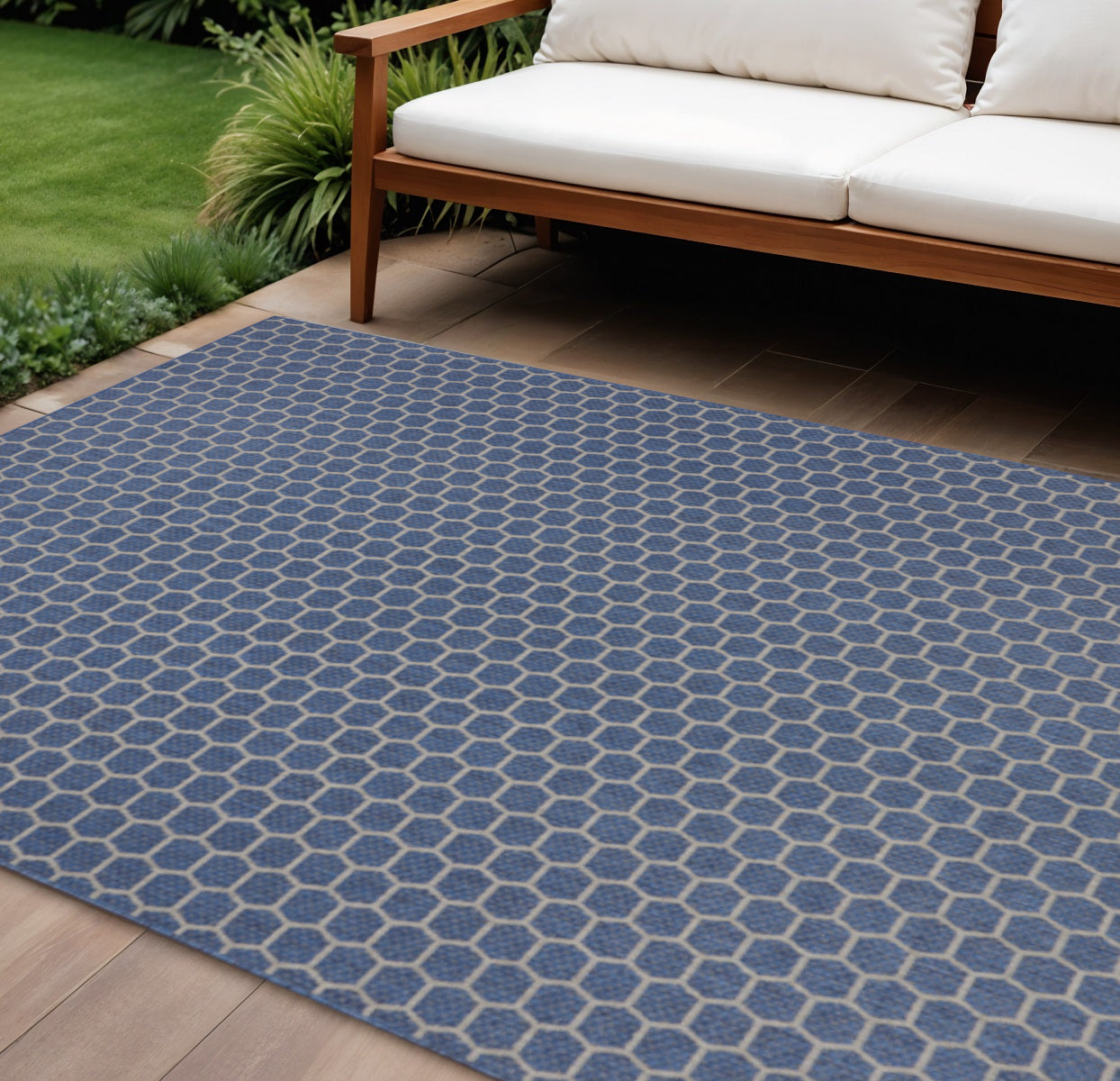 8 X 10 Blue And Beige Geometric Indoor Outdoor Area Rug