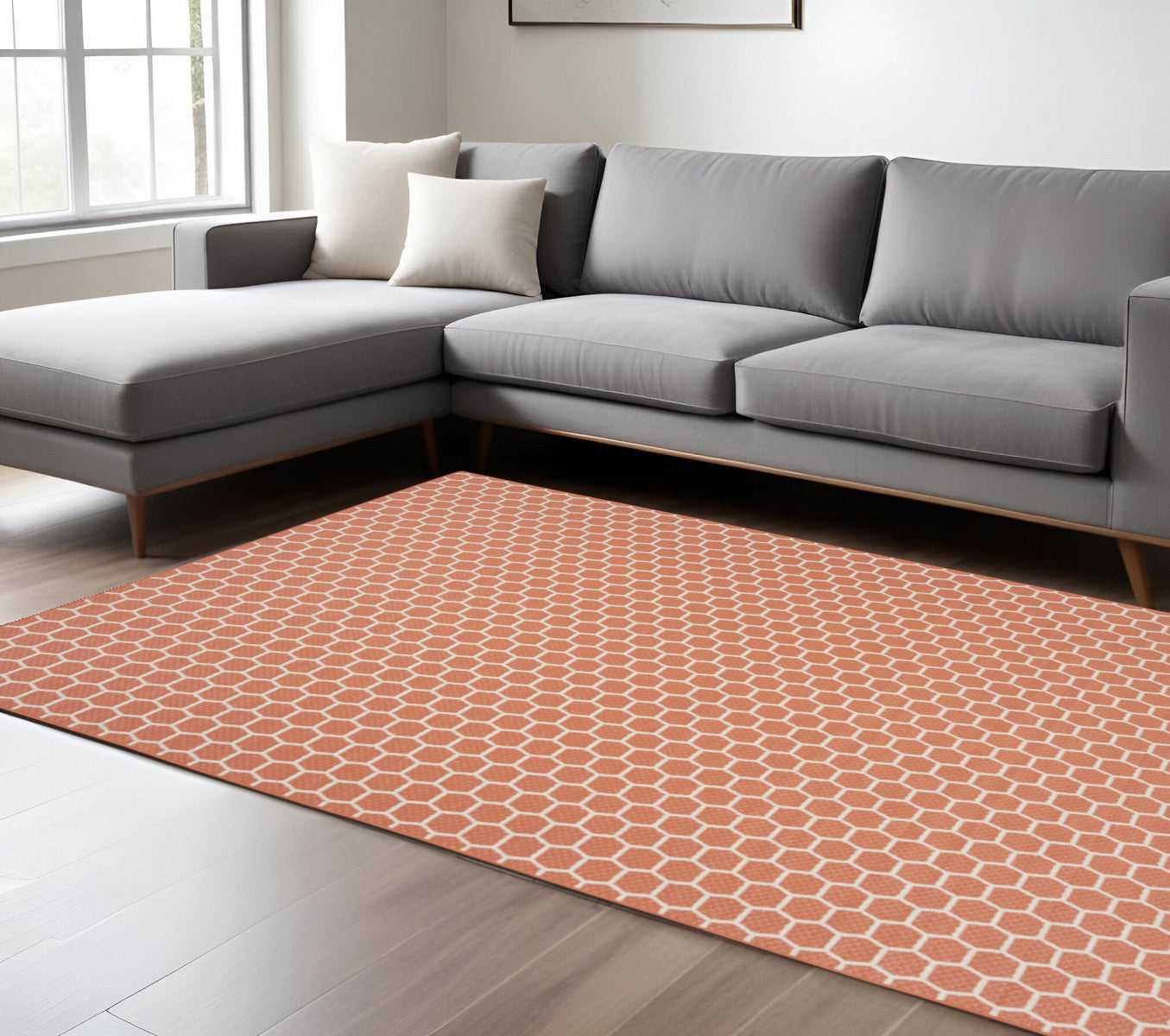 8 X 10 Coral And Ivory Geometric Indoor Outdoor Area Rug
