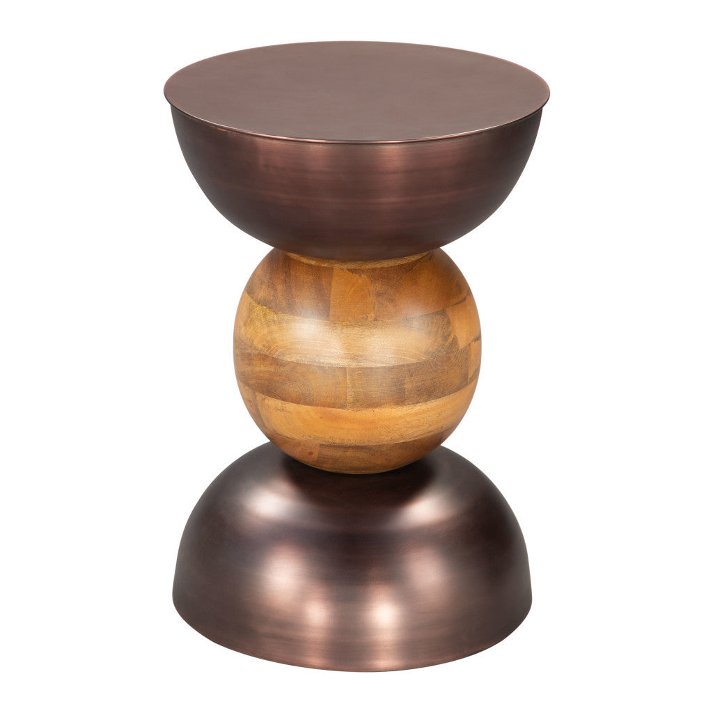 20'' Bronze and Brown Iron and Solid Wood Round Pedestal End Table
