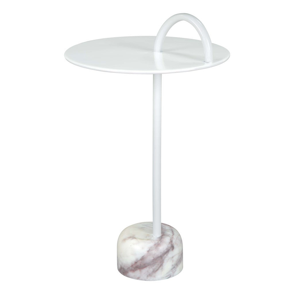 25'' White Iron And Marble Round Pedestal End Table