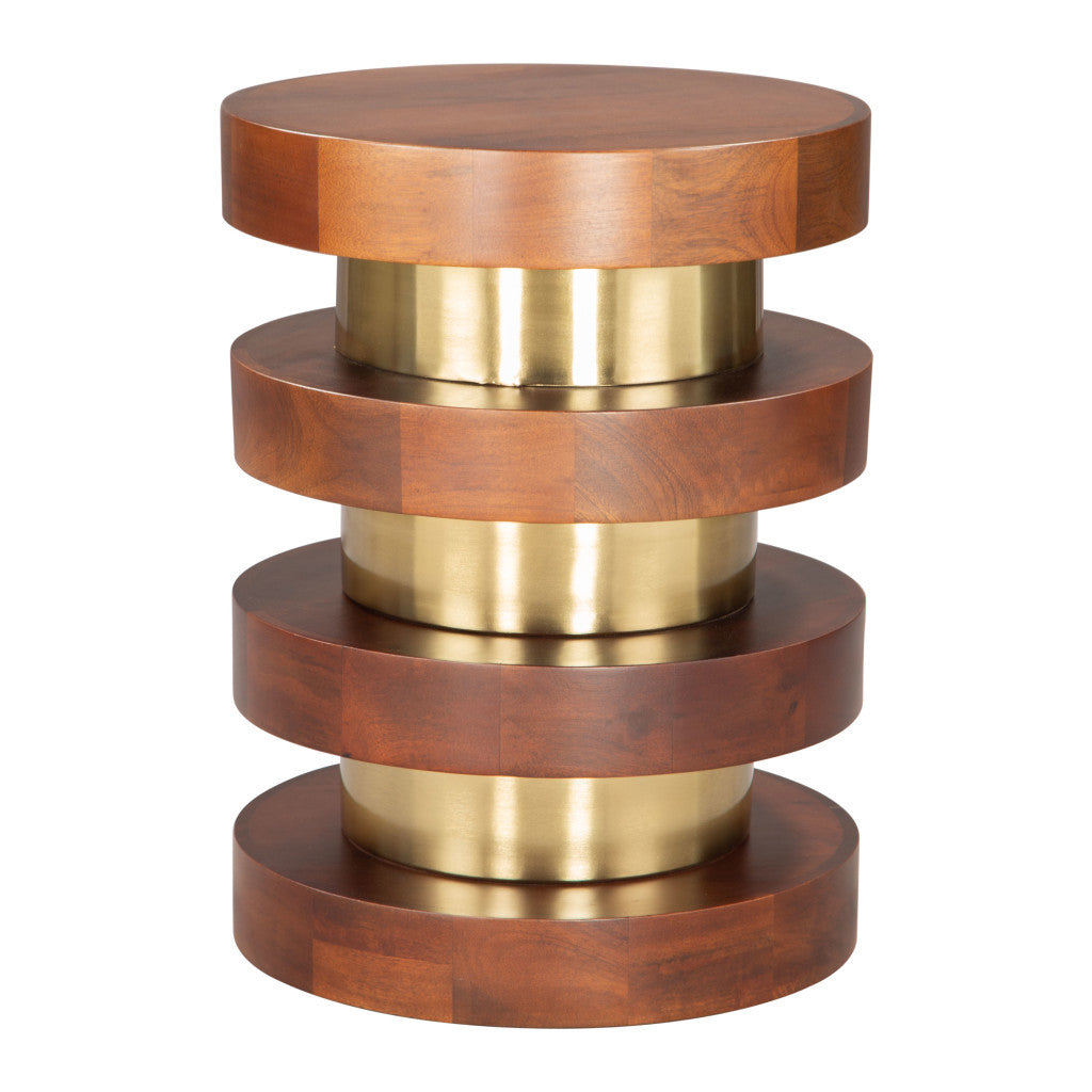 20'' Brown and Gold Solid Wood and Iron Round Pedestal End Table