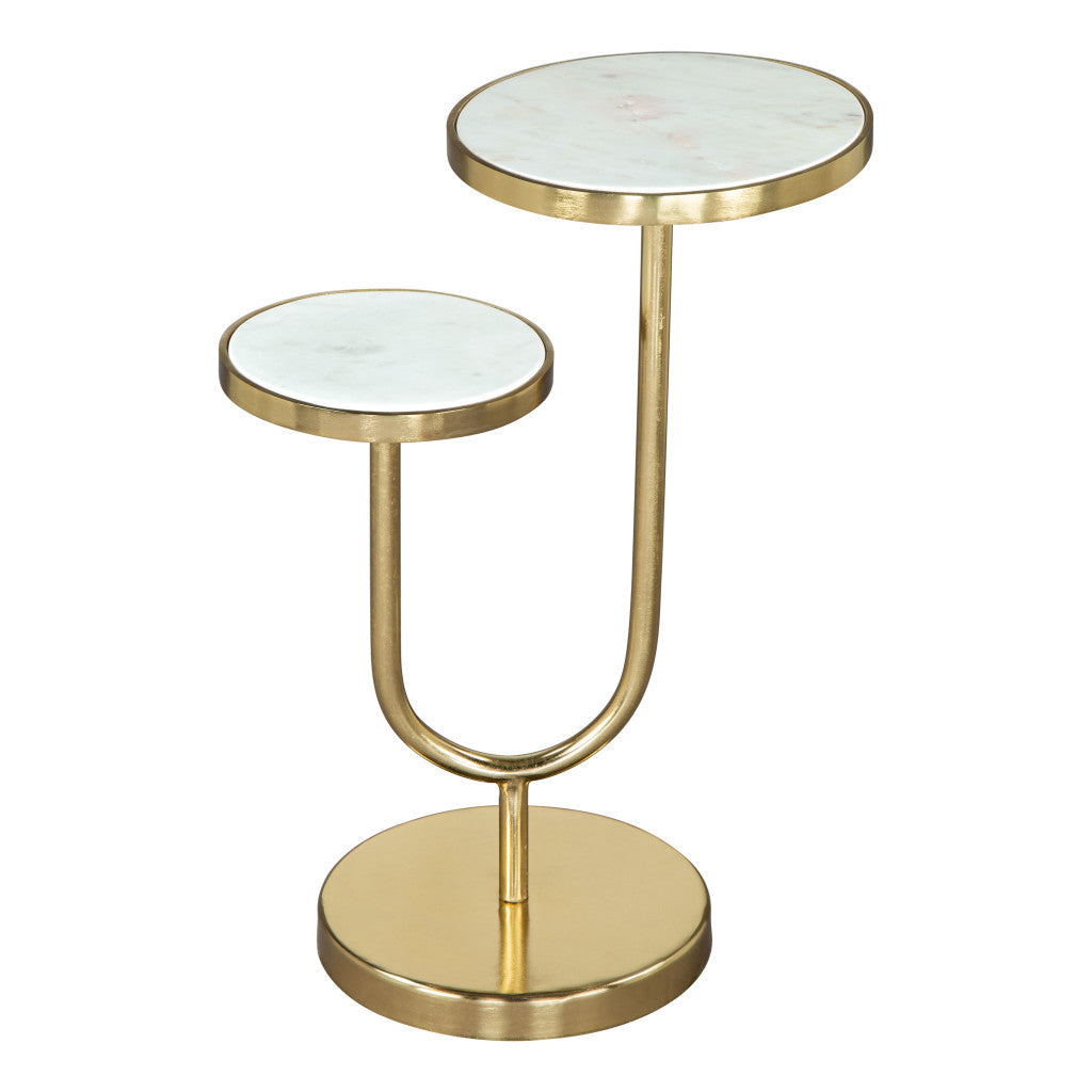 22'' White And Gold Marble And Iron Two Tier Round End Table