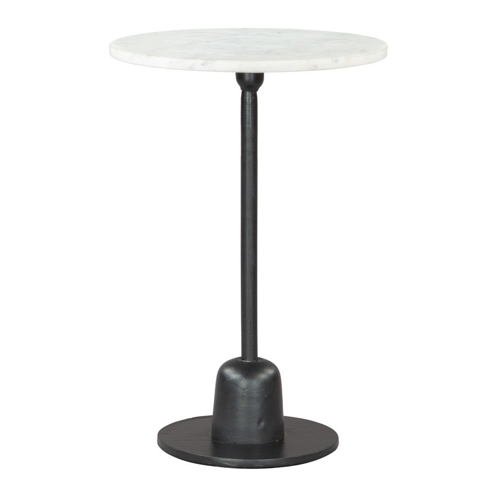 22'' White and Black Distressed Marble and Aluminum Round Pedestal End Table