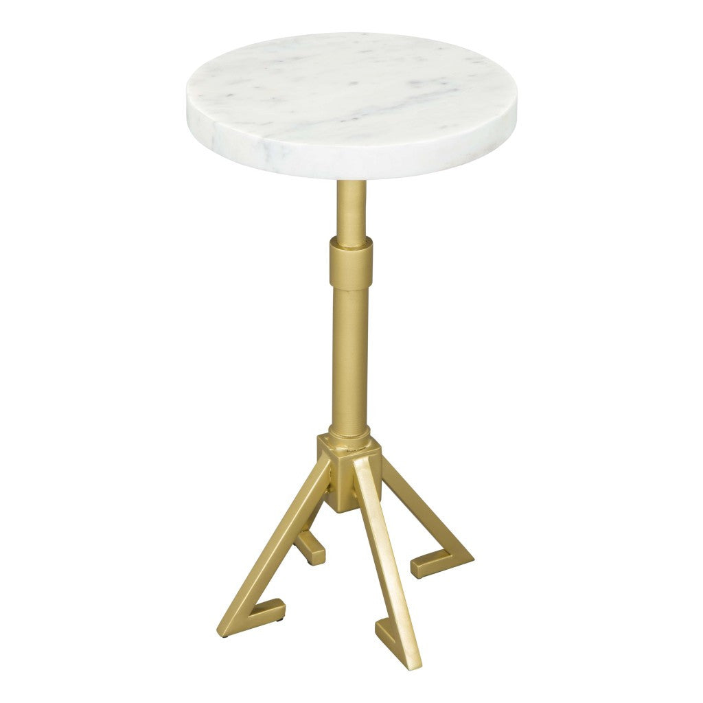 22'' White And Gold Marble And Iron Round Pedestal End Table