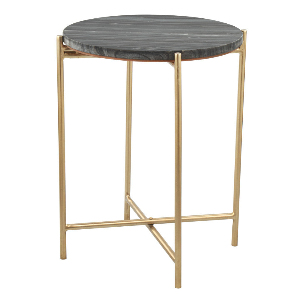 22'' Gray and Gold Marble and Iron Round End Table