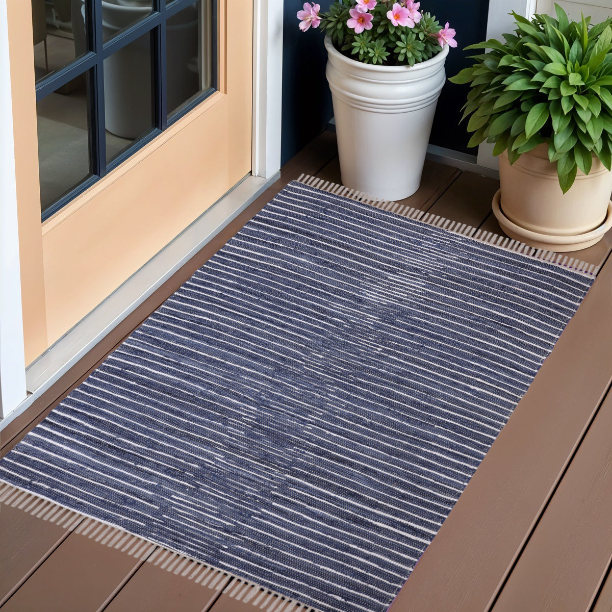 3' X 5' Navy and White Striped Handmade Indoor Outdoor Area Rug