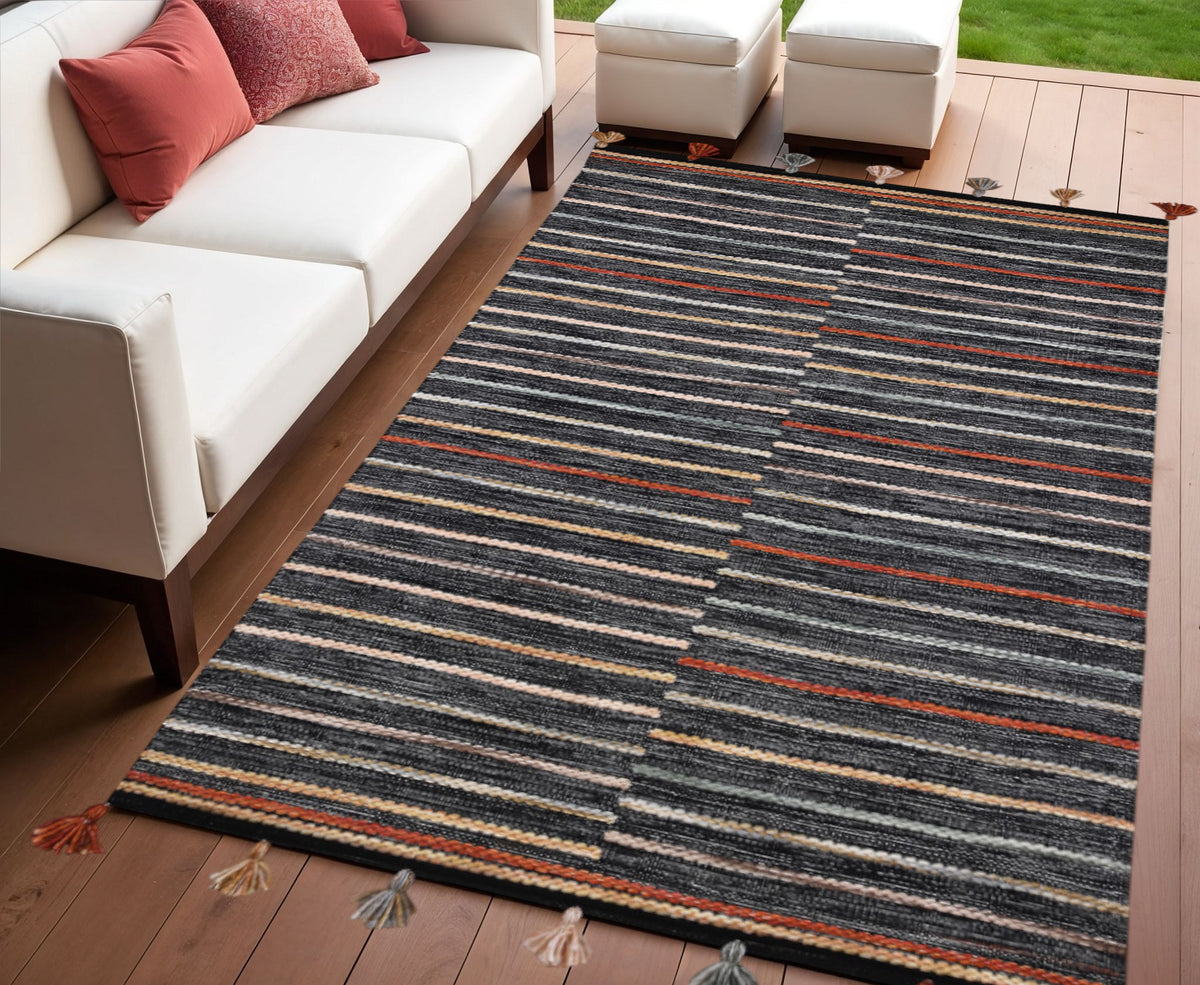 4' X 6' Gray and Orange Geometric Handmade Indoor Outdoor Area Rug