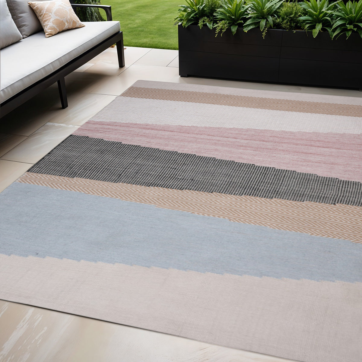 5' X 8' Black and Red Geometric Handmade Indoor Outdoor Area Rug
