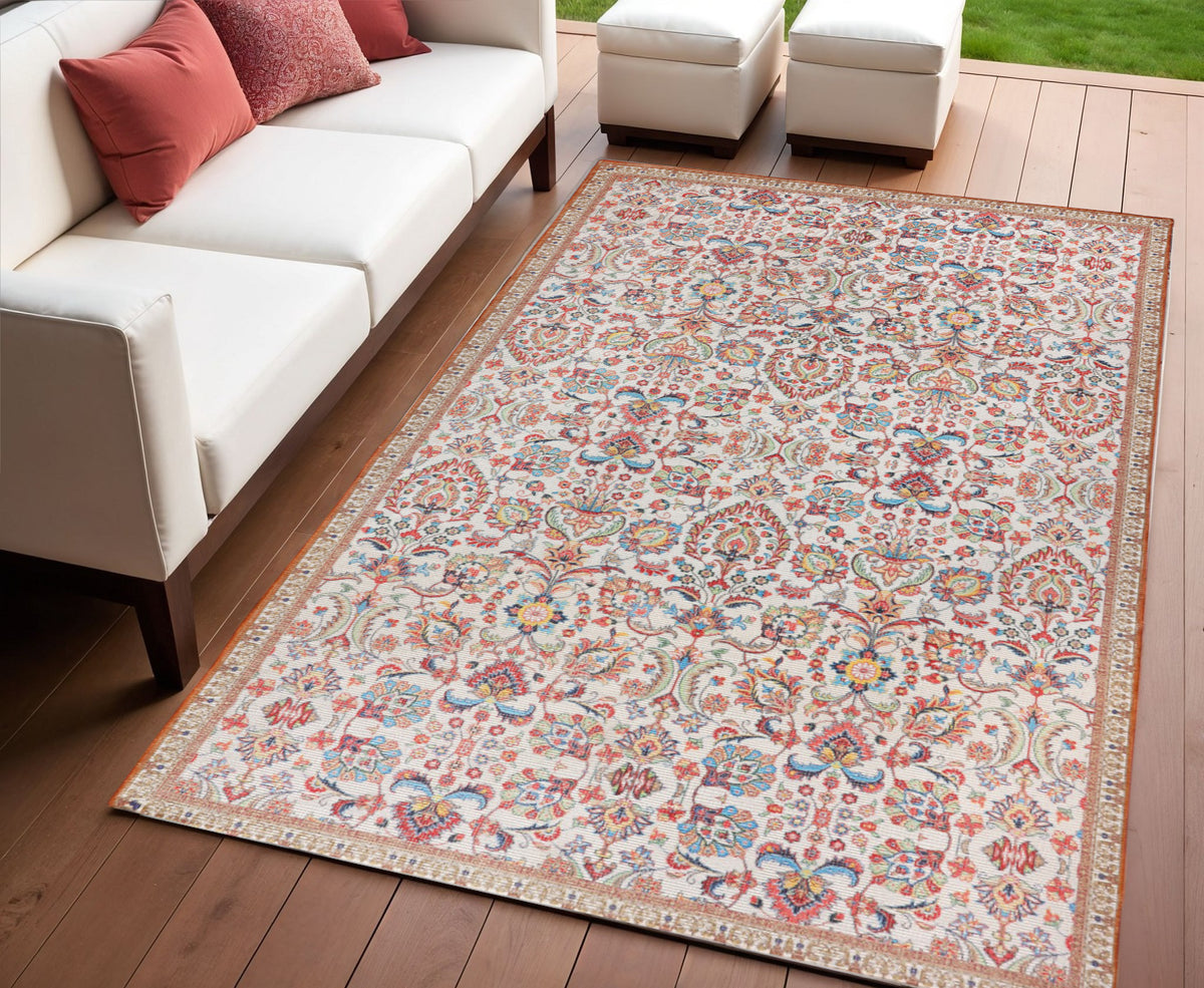 4' X 6' Black and Red Floral Handmade Indoor Outdoor Area Rug