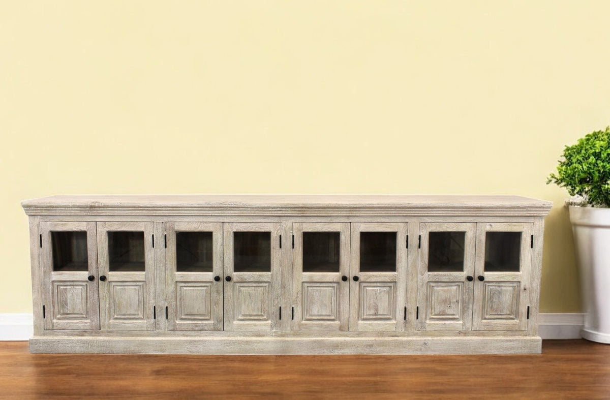 118'' White Solid Wood Distressed Sideboard with 8 Glass Doors
