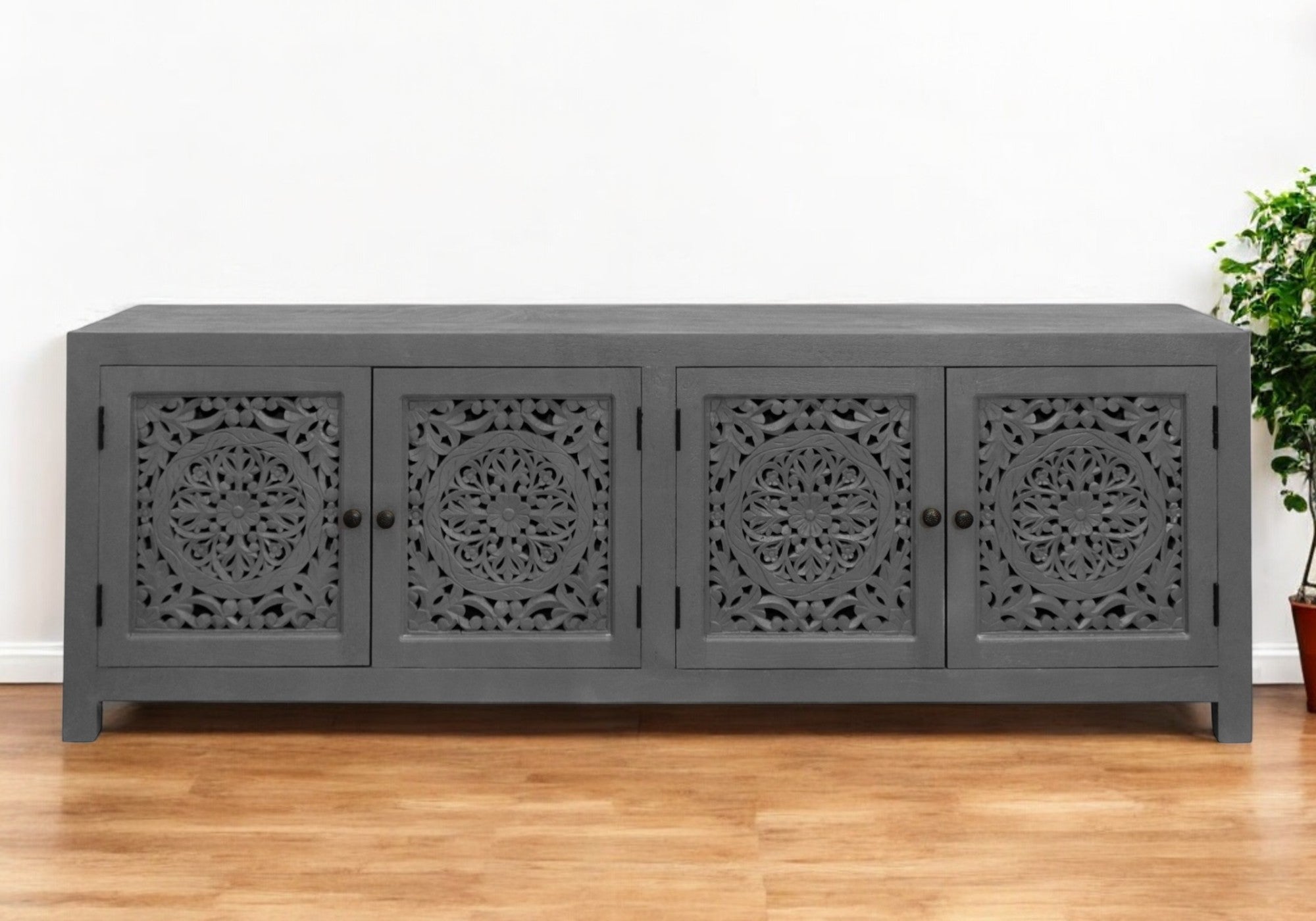 86'' Dark Gray Carved Floral Distressed Solid Wood Enclosed Storage TV Stand