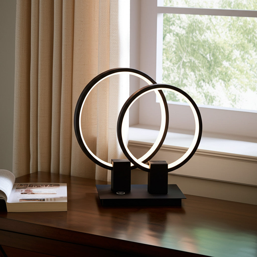 15'' Black Metal Two Light Mod Round Circle LED Table Lamp