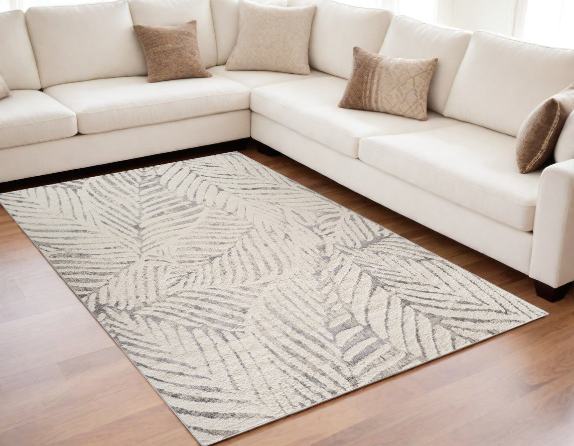 5' X 8' Gray and Cream Botanical Leaves Area Rug