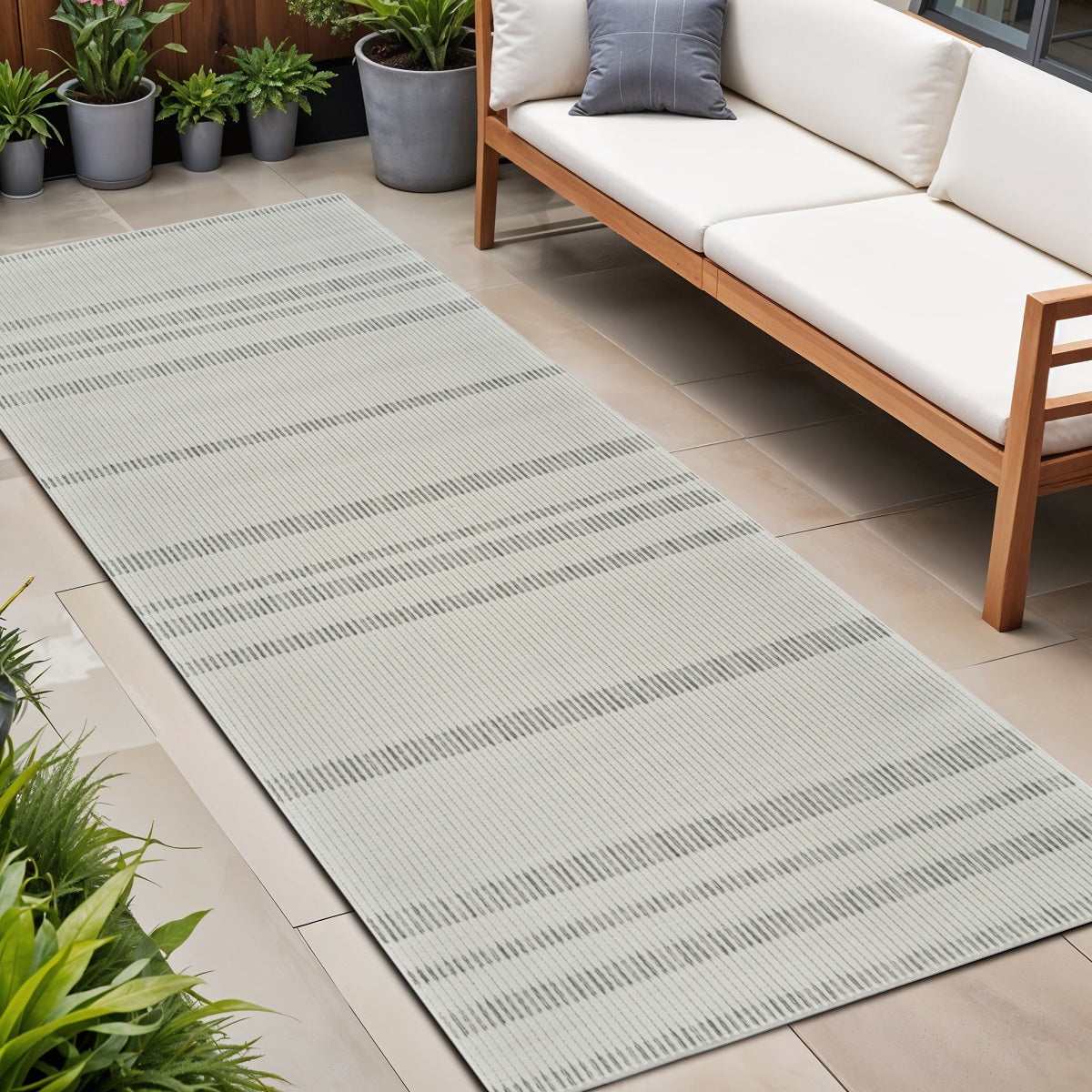 8' Cream and Beige Striped Distressed Indoor Outdoor Runner Rug