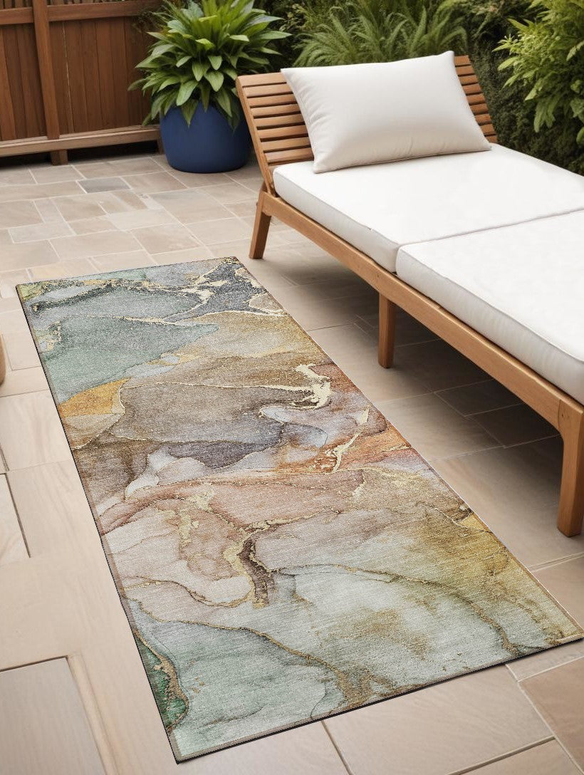 Gray And Gold Abstract Washable Non Skid Indoor Outdoor Runner Rug