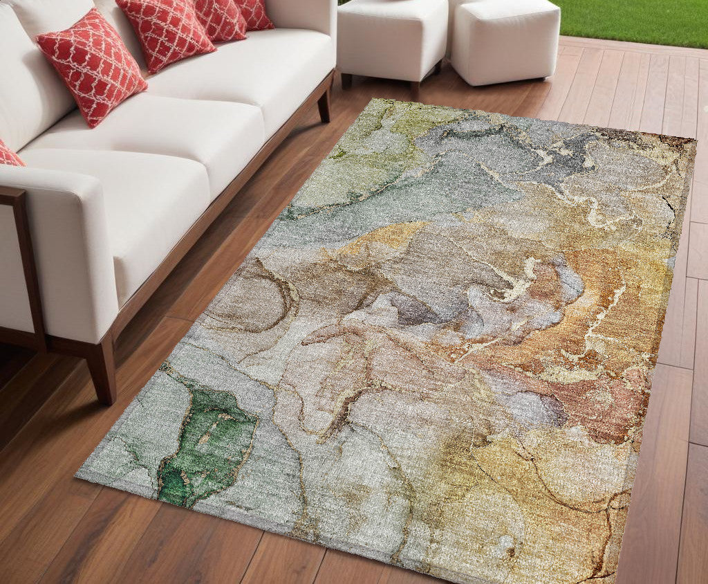 5' X 8' Gray And Gold Abstract Washable Non Skid Indoor Outdoor Area Rug