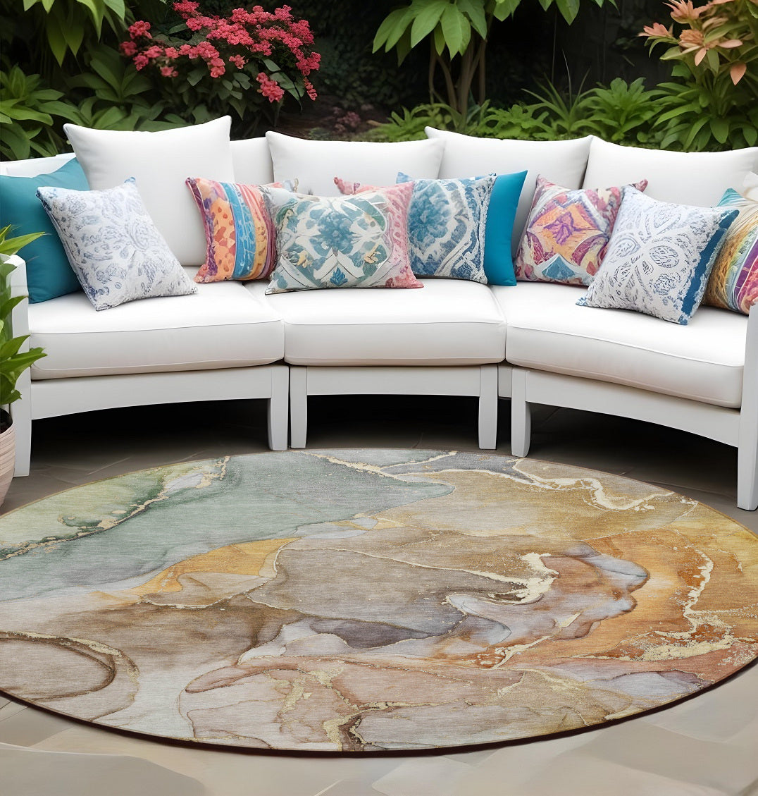 8' Round Gray And Gold Round Abstract Washable Non Skid Indoor Outdoor Area Rug